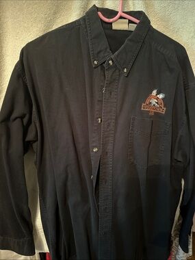 Men's Black Long-Sleeve Button-Down Shirt with Embroidered Chest Logo